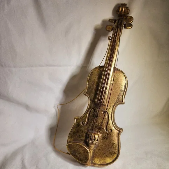 2 VIOLIN DECORATIVE WALL TREE HANGING Christmas‎ Ornaments, ANTIQUE GOLD COLOR, - Picture 2 of 5
